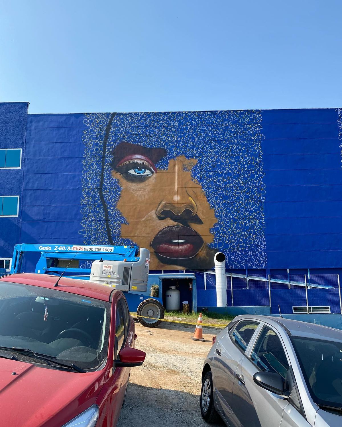 Rosto feminino monumental pintado numa fachada azul em Alphaville