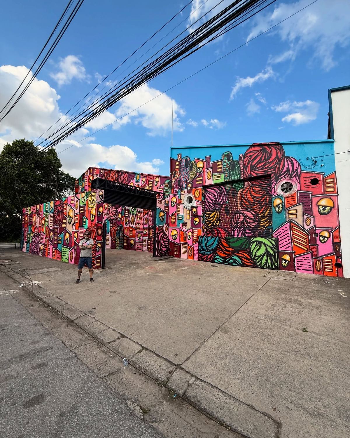 Galpão inteiro coberto por casinhas coloridas pintadas por Tico Canato na Vila Leopoldina