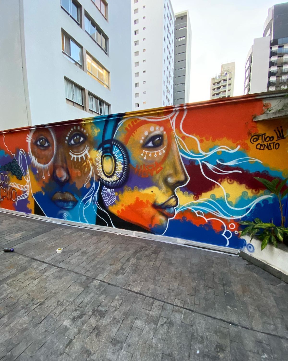 Mural de rostos e ondas num muro de rua em São Paulo