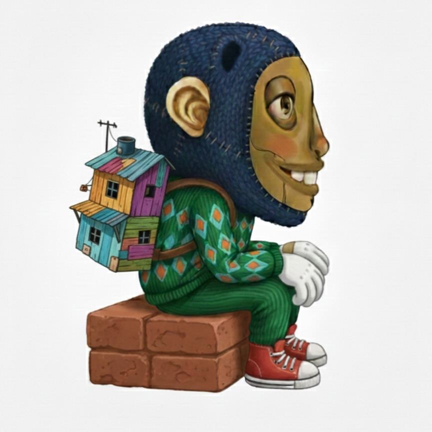 Ondi em 3D sentado num tijolo, carregando uma casinha nas costas