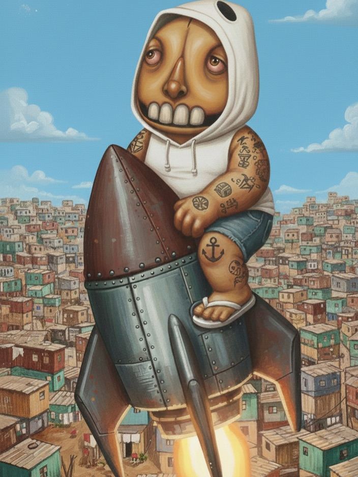 Ondi em 3D montado num foguete sobre uma favela