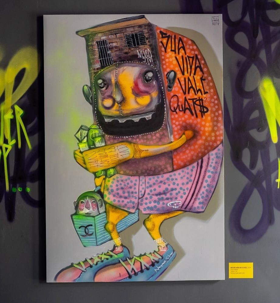 Obra Um milhão de euros, técnica mista, 100 x 150 cm, exposição O Sagrado, 2024